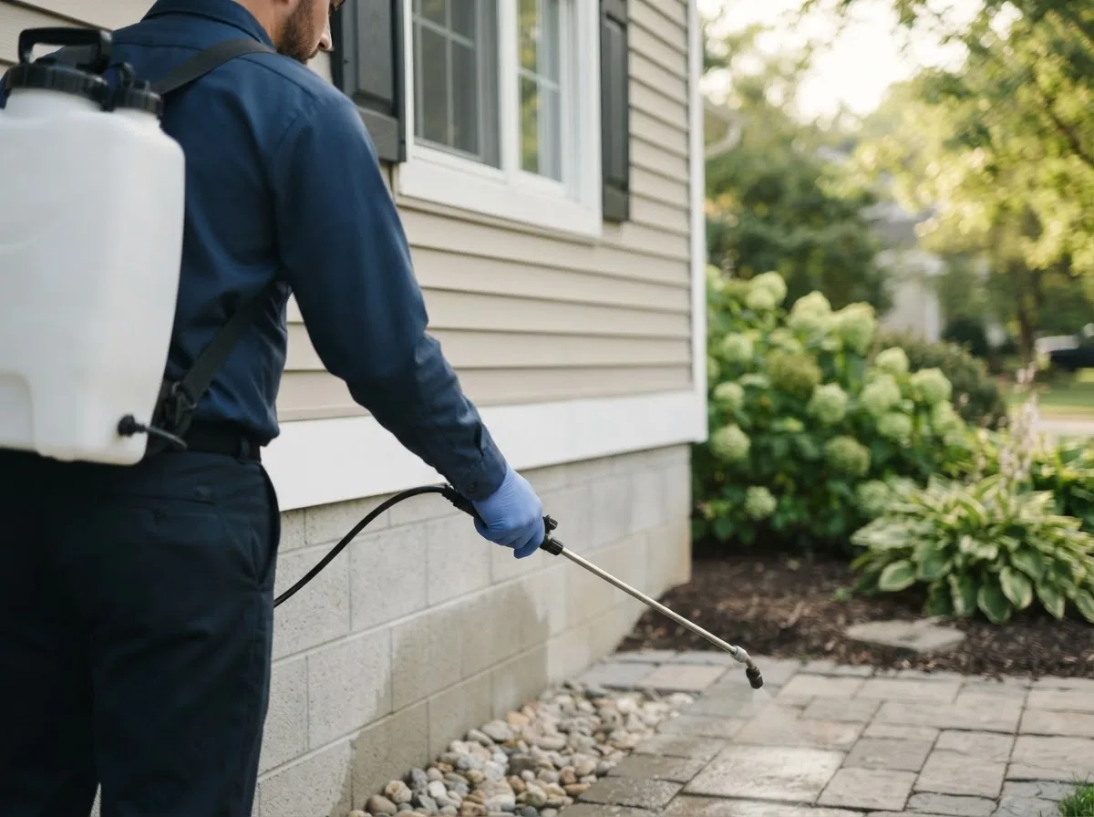 Pest control technician inspecting a home in Bruington, VA